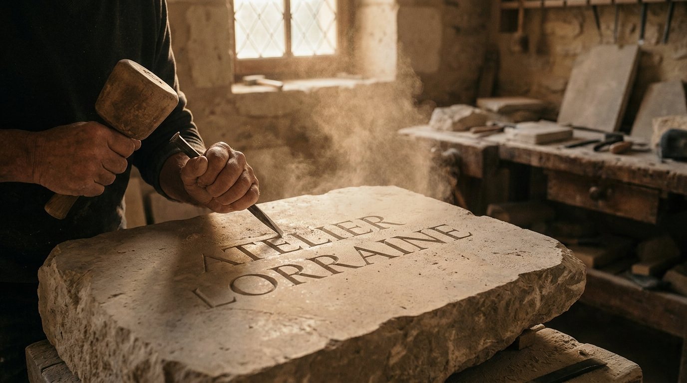 Artisan graveur au travail sur une pierre de granit